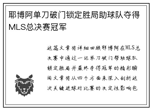 耶博阿单刀破门锁定胜局助球队夺得MLS总决赛冠军