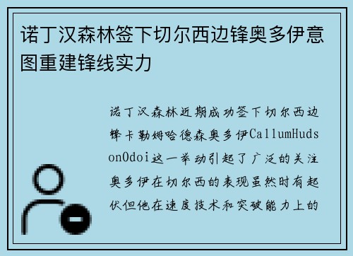 诺丁汉森林签下切尔西边锋奥多伊意图重建锋线实力
